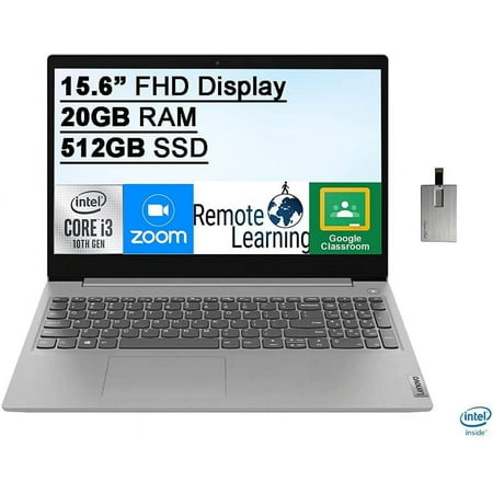 Lenovo IdeaPad 3 15.6" FHD Laptop Computer, 10th Gen Intel Core i3-1005G1, 20GB RAM, 512GB PCIe SSD, Intel UHD Graphics, Dolby Audio, HD Webcam, Bluetooth, Win 10S, with Hotface 32GB USB Card