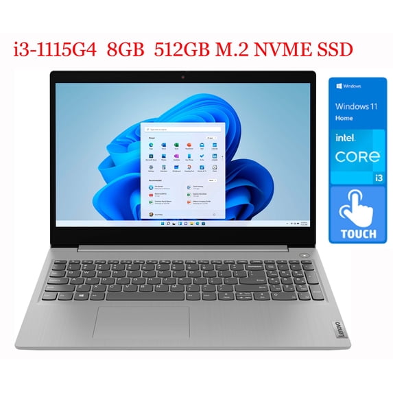 Lenovo IdeaPad 3 Laptop, 15.6" HD Touch Display, Intel Core i3-1115G4 Upto 4.1GHz, 8GB RAM, 512GB NVMe SSD, HDMI, Card Reader, Wi-Fi, Bluetooth, Windows 11 Home S