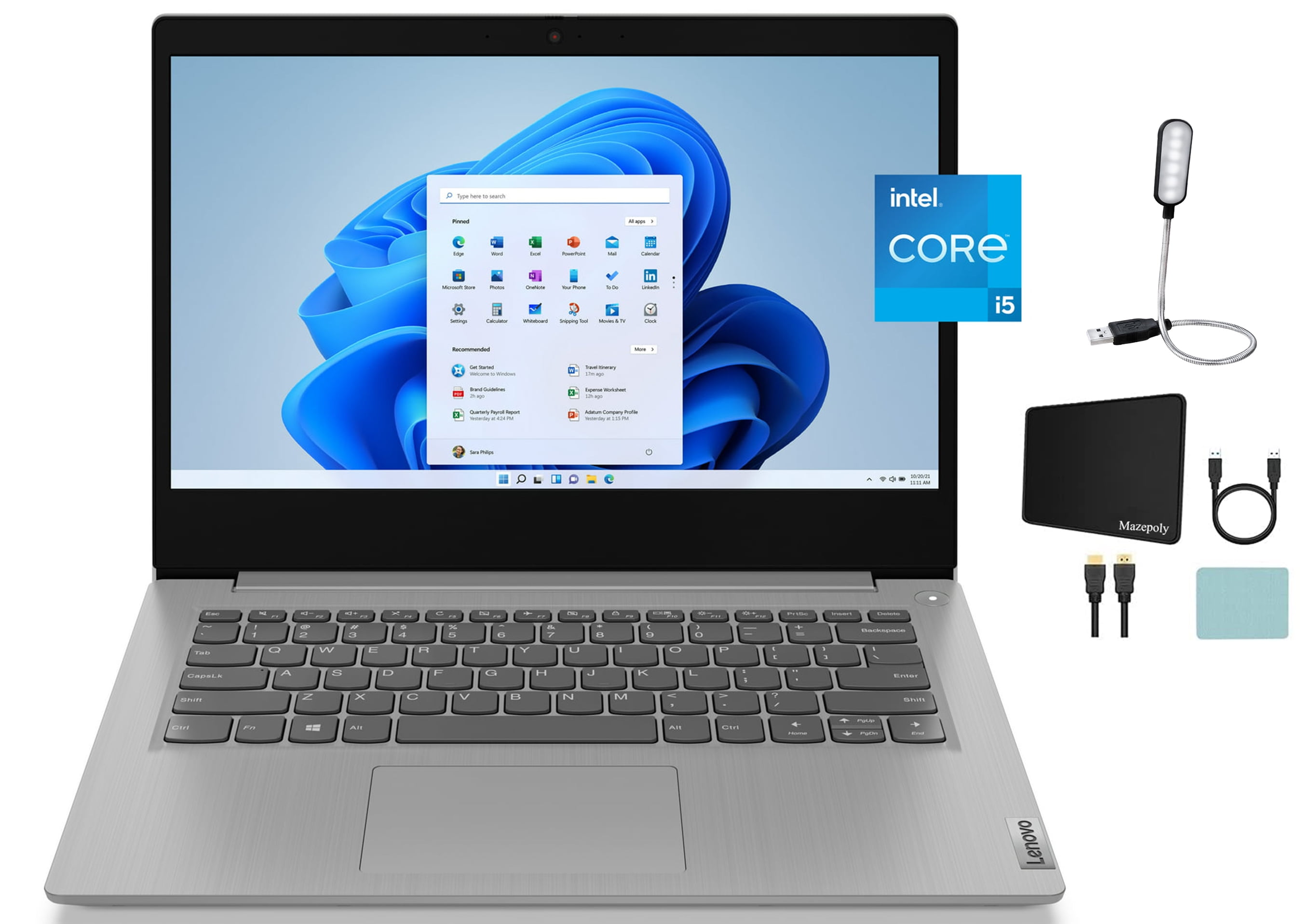 Lenovo IdeaPad 3i 14" FHD LCD Display Laptop, Intel Core i5-1135G7 2.4 GHz, 12GB RAM, 512GB SSD Storage, 4-in-1 Card Reader, Windows 11 Home, Platinum Grey with Mazepoly Accessories