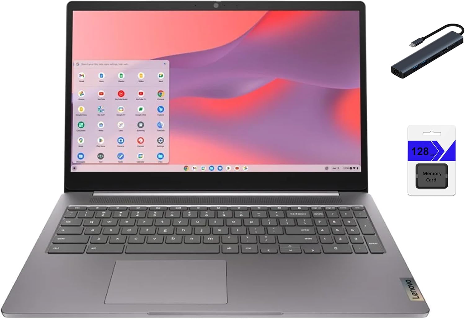Lenovo IdeaPad 3i Chromebook 15.6" FHD Laptop, Intel Celeron N4500, 4GB Memory, 64GB eMMC + 128GB Memory Card Storage, Chrome OS, Artic Grey with Mazepoly Accessories