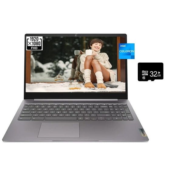 Lenovo IdeaPad 3i Chromebook, 15.6" FHD Laptop, Intel Celeron N4500, Intel UHD Graphics, 4GB RAM, 64GB eMMC, Bluetooth, HDMI, Chrome OS, Arctic Grey, w/32GB card