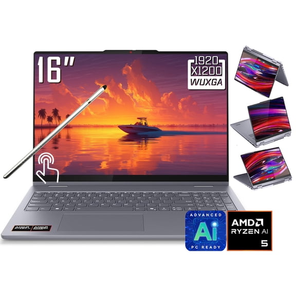 Lenovo IdeaPad 5 2-in-1 AI Laptop, 16" FHD+ 1920 x 1200 IPS LCD Touchscreen, AMD Ryzen AI 5 340, WiFi 7, 1080p Webcam, Backlit Keyboard, Win11 Home (16GB DDR5 RAM / 512GB SSD)
