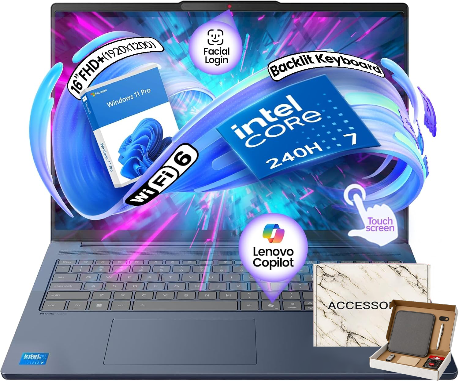Lenovo IdeaPad Copilot+ Business Laptop - 16" FHD+ Touchscreen - Intel 10-Core 7 240H(Beat Ultra 7 255U) - Backlit KB - Win 11 Pro - Redrgon Bundle (32GB DDR5 | 2TB SSD)