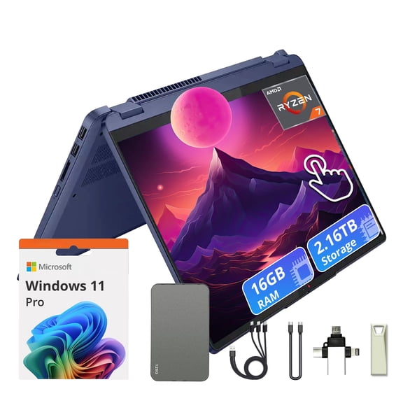 Lenovo IdeaPad Flex 5 14" WUXGA 2-in-1 Touch Laptop, 16GB RAM, 2.16TB Storage(2TB SSD & 160GB Docking Station Set), AMD Ryzen 7 7730U, Windows 11, Fingerprint, Backlit Keyboard, FHD Webcam, Blue