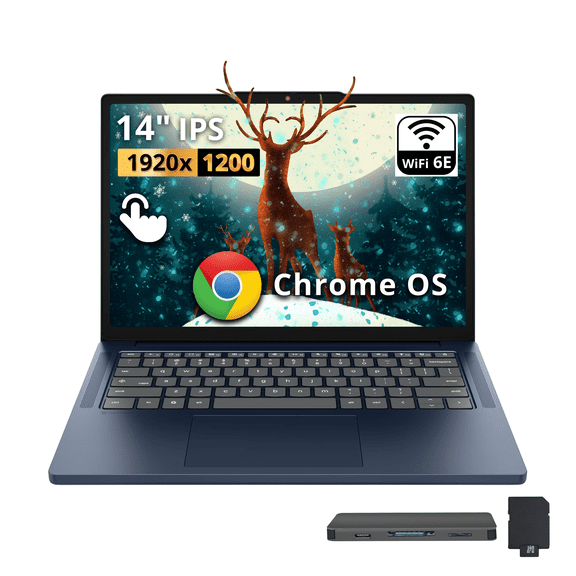 Lenovo IdeaPad Slim 3 14" 2K Touch Chromebook, MediaTek Kompanio 540, 4GB LPDDR5X, 224GB Storage (64GB eMMC+160GB Dock Station), ARM Mali-G57 MC2, 720p Webcam, Wi-Fi 6E, Chrome OS, Cosmic Blue