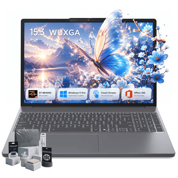 Lenovo IdeaPad Slim 3 15.3" WUXGA Touchscreen Laptop, AMD Ryzen 7 8840HS, 16GB RAM, 512GB SSD, AMD Radeon 780M Graphics, IR Camera, Backlit Keyboard, Windows 11 Pro, Luna Gray w/Accessories