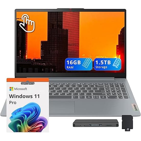 Lenovo IdeaPad Slim 3 15.6" FHD Touchscreen Laptop, AMD Ryzen 7 5825U, 16GB RAM, 1.5TB Storage(512GB SSD+1TB Docking Station Set), AMD Radeon Graphics, Num Keypad, Copilot, Wi-Fi 6, Win 11 Pro, Gray
