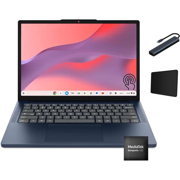 Lenovo IdeaPad Slim 3 Chromebook, 14" 2K Touchscreen Laptop PC, MediaTek Kompanio 540, 4GB DDR5 RAM, 64GB eMMC, Chrome OS, Cosmic Blue with Tigology Accessories