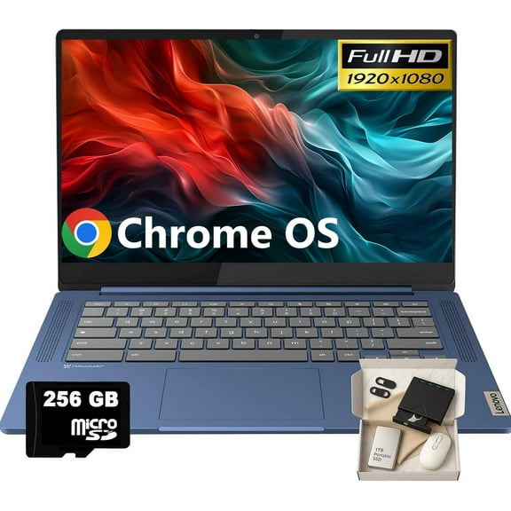 Lenovo IdeaPad Slim 3 Chromebook - 14'' Full HD Display • MediaTek Kompanio 520 CPU • 4GB RAM • 64GB eMMC & 256GB Micro SD Card • Wi-Fi 6 • for Business Student • Chrome OS • Blue