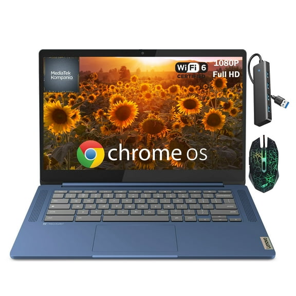 Lenovo IdeaPad Slim 3 Chromebook Laptop, 14" FHD Business Laptop, MediaTek Kompanio 520, 4GB RAM, 64GB eMMC, HD Webcam ,Wi-Fi 6 ,Chrome OS, Abyss Blue