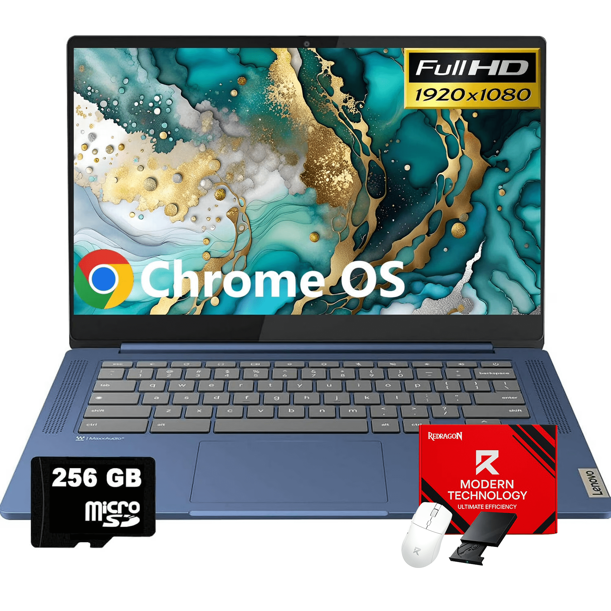 Lenovo IdeaPad Slim 3 Chromebook Laptop, 14" Full HD Display, 4GB Memory, 64GB eMMC+256GB Micro SD Card, MediaTek Kompanio 520, ARM Mali-G52 GPU, Wi-Fi 6, Abyss Blue