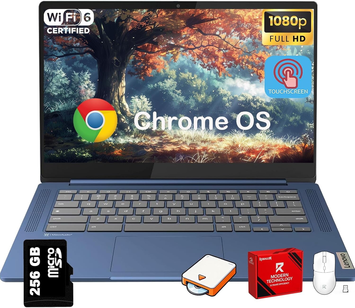 Lenovo IdeaPad Slim 3 Chromebook Laptop for Students - 14'' FHD Touchscreen, 8-Core MediaTek Kompanio 520, Lightweight, 4GB RAM, 64GB eMMC & 256GB Micro SD Card, Wi-Fi 6, Chome OS