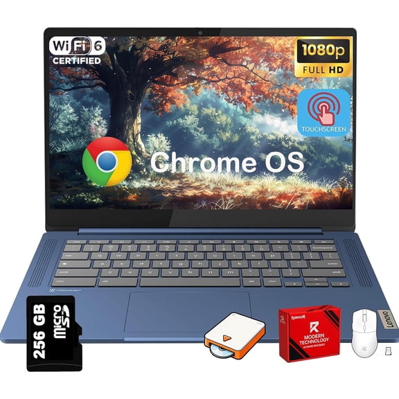 Lenovo IdeaPad Slim 3 Chromebook Laptop for Students - 14'' FHD Touchscreen, 8-Core MediaTek Kompanio 520, Lightweight, 4GB RAM, 64GB eMMC & 256GB Micro SD Card, Wi-Fi 6, Chome OS