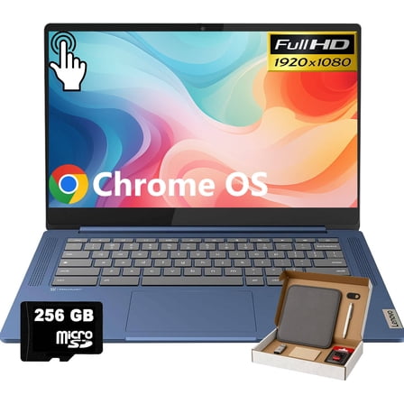 Lenovo IdeaPad Slim 3 Chromebook, Lightweight Laptop, 14" Touchscreen Full HD Display- 4GB RAM, 64GB eMMC+256GB Micro SD Card, ARM Mali-G52 - Camera - MediaTek Kompanio 520 - Abyss Blue