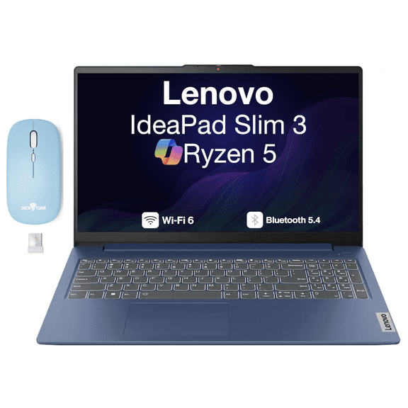 Lenovo IdeaPad Slim 3 Everyday Value Laptop 15.6in LCD FHD Display (AMD Ryzen 5 40, 8GB LPDDR5, 1TB PCIe SSD, AMD Radeon 610M, WiFi 6, Webcam, Bluetooth 5.4, Win 11 Home) w/Dockztorm Wireless Mouse