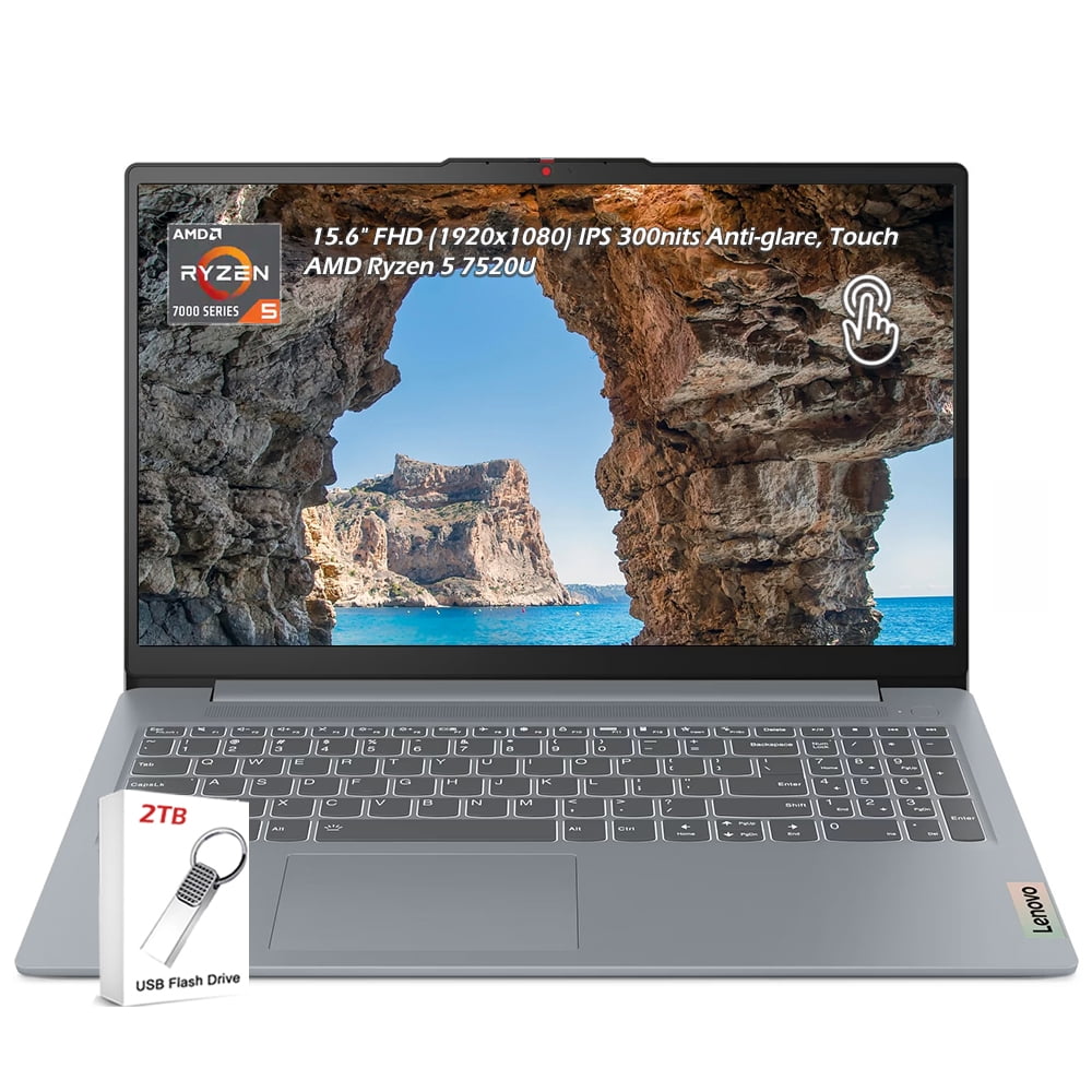 Lenovo IdeaPad Slim 3 Laptop, 15.6 Inch FHD Touch Display, AMD Ryzen 5 7520U, 8GB DDR5 RAM, 512GB SSD, Windows 11, AMD Radeon 610M, WiFi 6, Bluetooth, Artic Grey, w/2TB Flash Drive