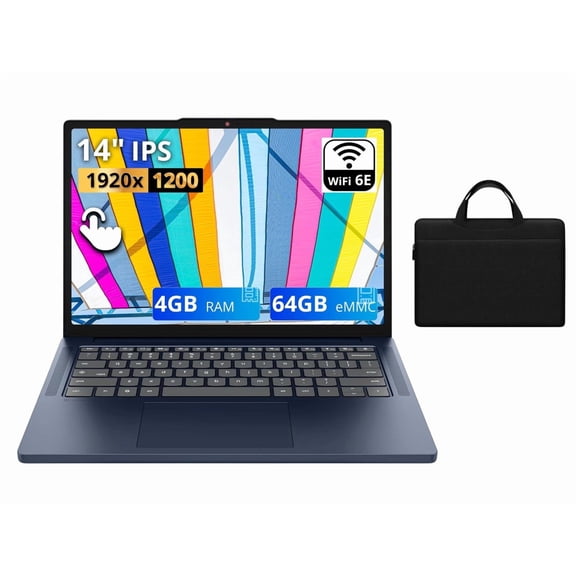 Lenovo IdeaPad Slim Chromebook 14" WUXGA Touchscreen Laptop|MediaTek Kompanio 540|Integrated Graphics|Webcam|Blue| 4GB RAM | 64GB SSD |Chrome OS |Bundle with Black Bag