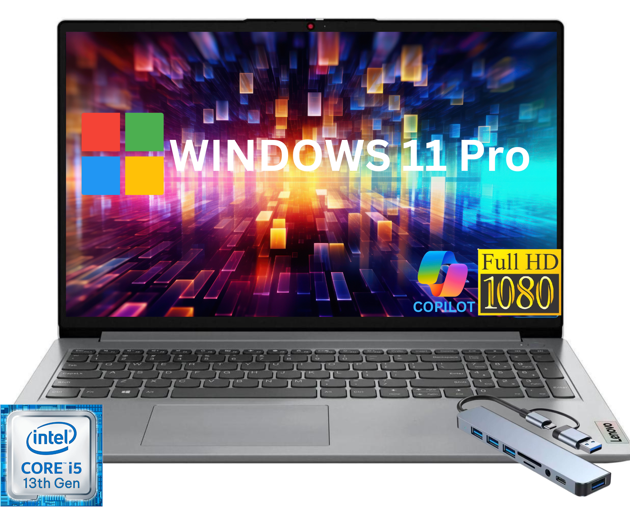 Lenovo Ideapad 1i 15.6" FHD Laptop, Intel Core i5 13th Gen 10-Core i5-1335U up to 4.6GHz, 12GB RAM, 512GB PCIe SSD, Windows 11 Pro,Gray/Hub