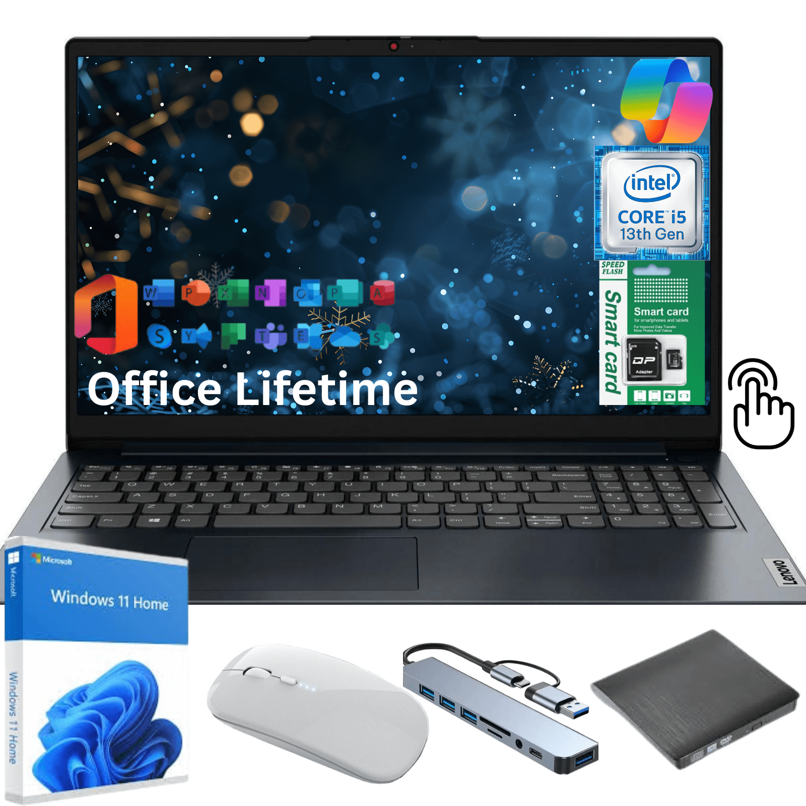 Lenovo Ideapad 1i 15.6" FHD Touchscreen Laptop, Intel Core i5-1334U 13th Gen, 24GB RAM, 512GB SSD,Lifetime Office,Windows 11 Home,CoPilot Gift Set,Blue
