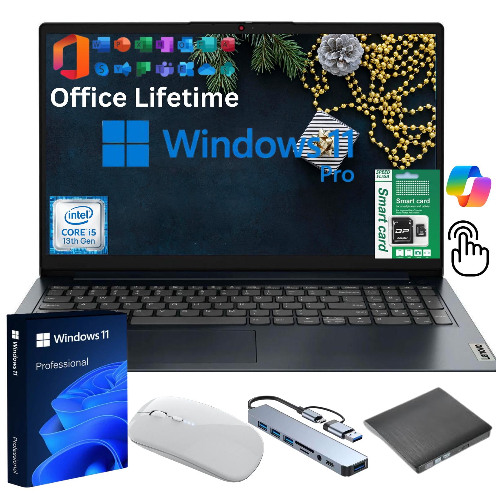 Lenovo Ideapad 1i 15.6" FHD Touchscreen Laptop, Intel Core i5-1334U 13th Gen, 24GB RAM, 512GB SSD,Lifetime Office,Windows 11 Pro, Blue + CoPilot Gift Bundle – High-Performance Laptop for Work&Study
