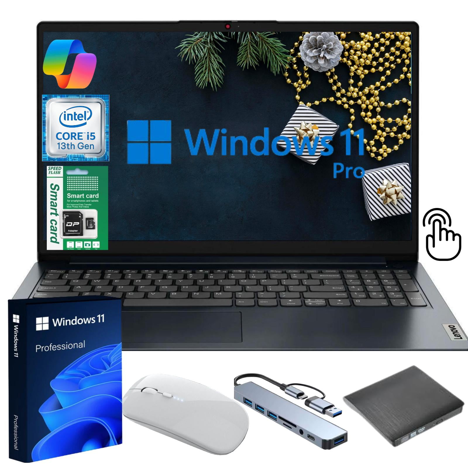 Lenovo Ideapad 1i 15.6" FHD Touchscreen Laptop, Intel Core i5 13th Gen, 8GB RAM, 256GB SSD, Windows 11 Pro, Blue + CoPilot Gift Bundle – High-Performance Laptop for Work & Study
