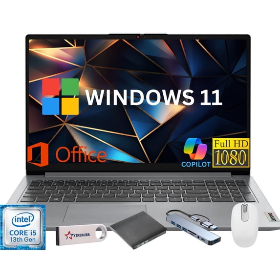 Lenovo Ideapad 1i 15.6" Full HD Laptop, Intel Core i5 13th i5-1335U, 12GB RAM, 256GB SSD,Lifetime Office,Windows 11 Home, Grey + CoPilot Gift Bundle – High-Performance Laptop for Work&Study