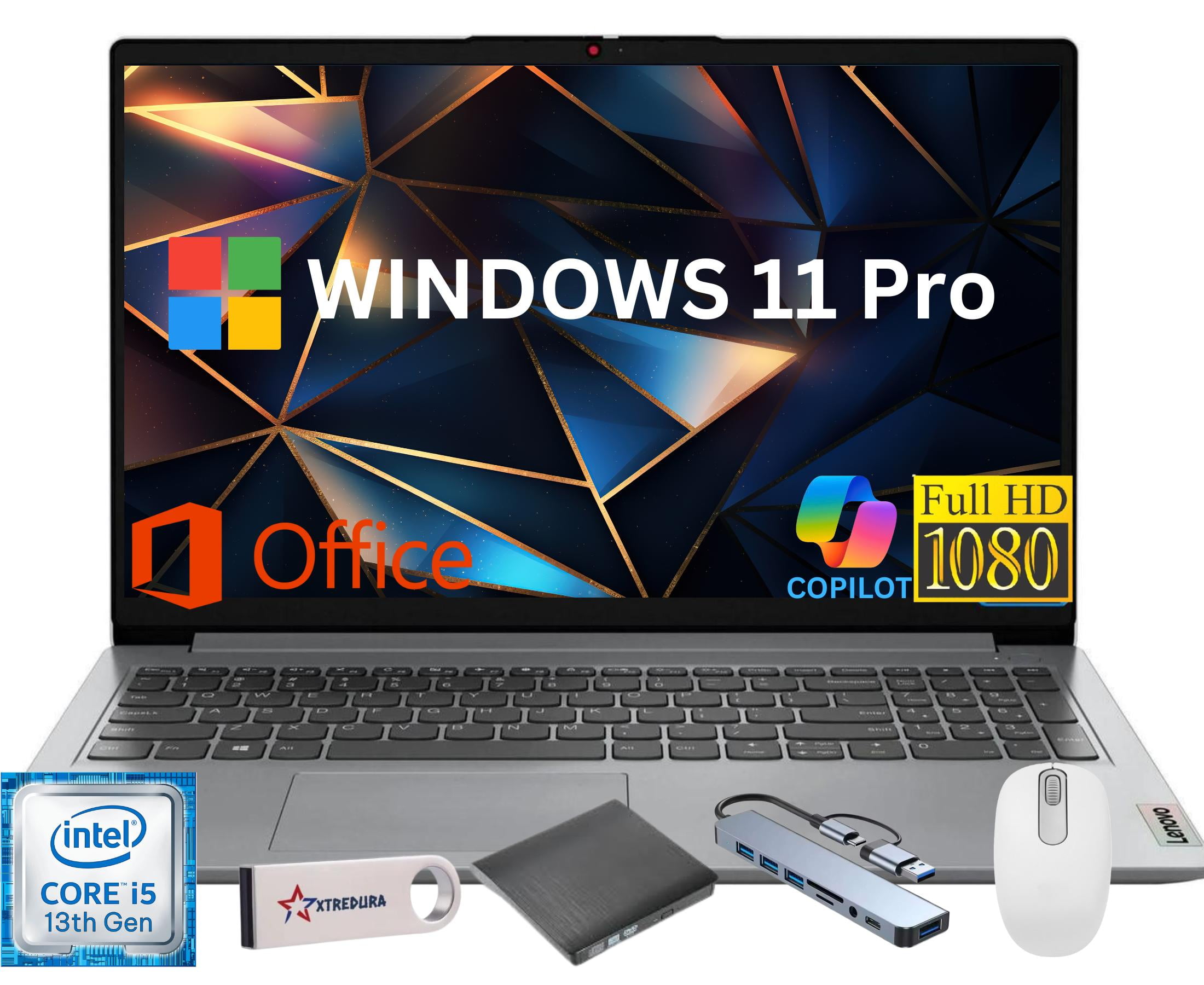 Lenovo Ideapad 1i 15.6" Full HD Laptop, Intel Core i5 13th i5-1335U, 8GB RAM, 256GB SSD,Lifetime Office,Windows 11 Pro, Grey + CoPilot Gift Bundle – High-Performance Laptop for Work & Study