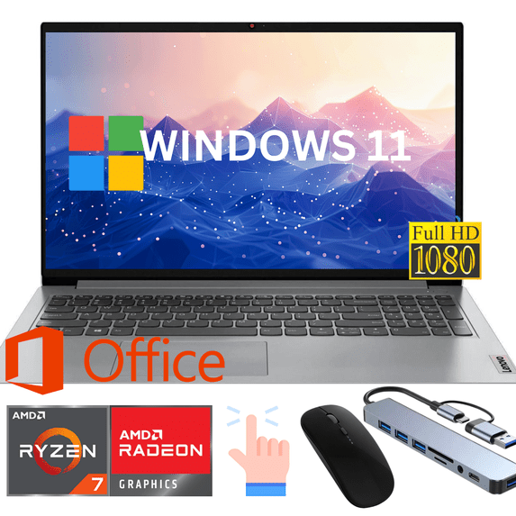 Lenovo Ideapad Slim 3i 15.6" Full HD Touch Business&Home Laptop, AMD Ryzen 7 5825U Upto 4.5GHz, 12GB RAM, 256GB PCle SSD,Microsoft Office, Windows 11 Home, Grey/HUB