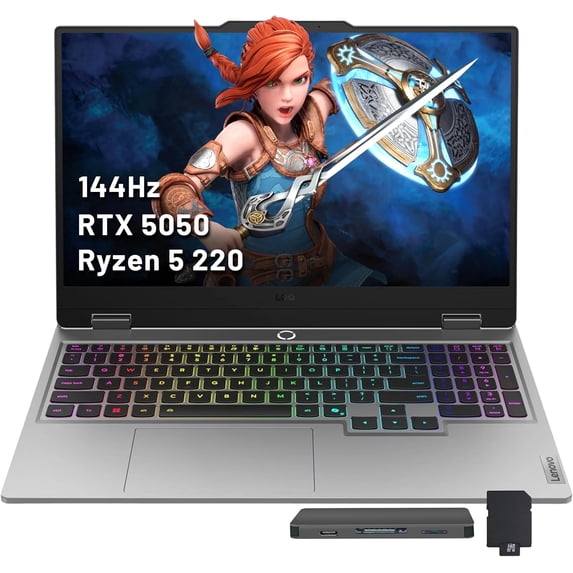 Lenovo LOQ 15.6" FHD 144Hz Gaming Laptop, AMD Ryzen 5 220, GeForce RTX 5050 8GB GDDR7, 16GB DDR5, 1.5TB Storage (512GB SSD +1TB Docking Station), Backlit Keyboard, HD 720p Camera, Win11 Pro, Gray