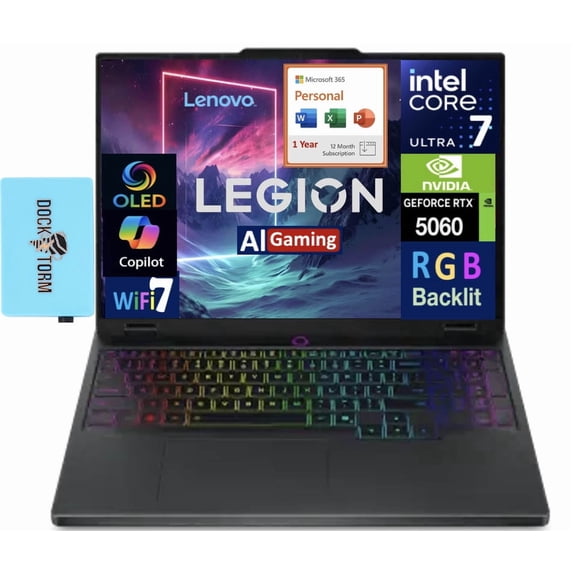 Lenovo Legion 5i AI Gaming Laptop 15.1in OLED WQXGA Display (Intel Core Ultra 7 255HX, 16GB DDR5, 2TB PCIe SSD, NVIDIA GeForce RTX 5060, Win 11 Pro) w/Microsoft 365 Personal , DKZ USB Port Expander