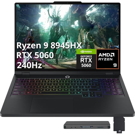 Lenovo Legion Pro 5 16" WQXGA 240Hz Gaming Laptop, AMD Ryzen 9 8945HX, GeForce RTX 5060 8GB GDDR7, 16GB DDR5, 1TB SSD, 24-Zone RGB Backlit Keyboard, Camera, Win 11, Black, 1TB Docking Station Set
