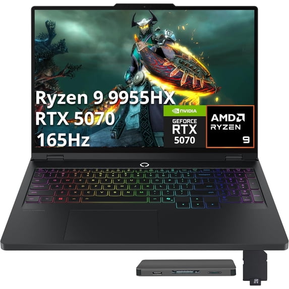 Lenovo Legion Pro 7 16" WQXGA 165Hz Gaming Laptop, AMD Ryzen 9 9955HX, NVIDIA GeForce RTX 5070 Ti, 16GB RAM, 2TB Storage (1TB SSD+1TB Docking Station Set), 24-Zone RGB Backlit Keyboard, Win 11, Black