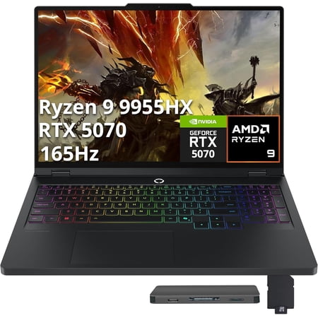 Lenovo Legion Pro 7 16" WQXGA 165Hz Gaming Laptop, AMD Ryzen 9 9955HX, NVIDIA GeForce RTX 5070 Ti, 16GB RAM, 2TB Storage (1TB SSD+1TB Docking Station Set), RGB Backlit Keyboard, Win 11 Pro, Black
