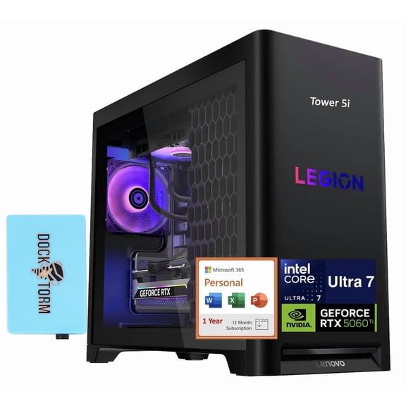 Lenovo Legion Tower 5i Gaming Desktop PC (Intel Ultra 7 265F, GeForce RTX 5060 Ti 8GB GDDR7, 64GB DDR5, 1TB PCIe SSD, Win 11 Home) w/Microsoft 365 Personal , DKZ USB Port Expander