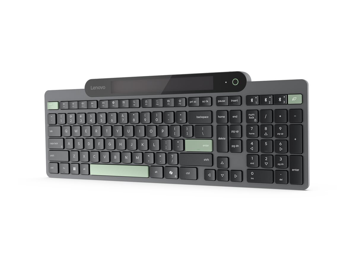 Lenovo Self-Charging Bluetooth Keyboard-US English - Wireless Connectivity - Bluetooth - 5.1 - 108 Key(s) - Windows 10, Windows 11 - English (US) - Notebook - PC - Recycled Plastic - Plunger Keyswi...