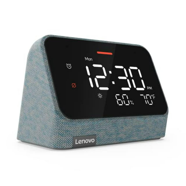 Lenovo Smart Clock Essential with Alexa Built-in - Digital LED with Auto-Adjust Brightness - Smart Alarm Clock with Speaker and Mic - Compatible with Lenovo Smart Clock Docking - Misty Blue