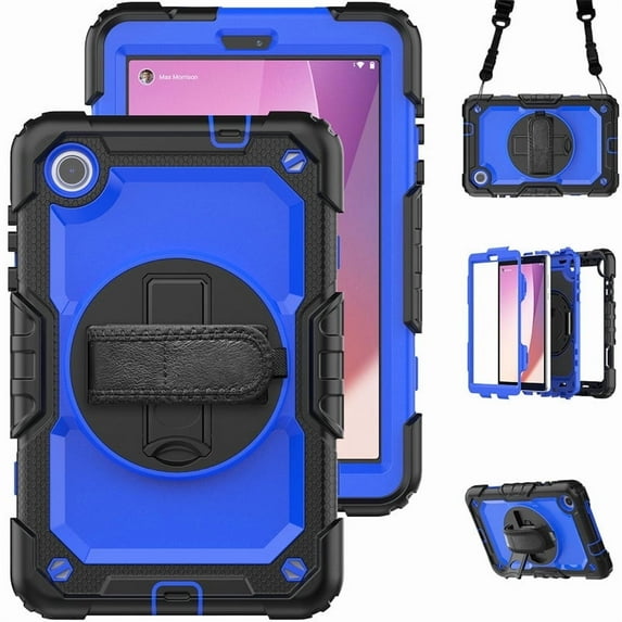 for Lenovo Tab M8 HD 4th Gen 2023 (TB-300XU TB-300FU) 8 inch Heavy Duty Shockproof Protective Rugged Case with Screen Protector Stand and Hand Strap Shoulder Strap,Black + Blue
