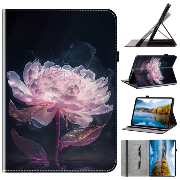 for Lenovo Tab M9 9.0" 2023 Wallet Case, Flower Pattern PU Leather Card Slots Pencil Slot Elastic Strap Adjustable Angles Kickstand Durable Folio Flip Case Cover, Purple Peony Flowers