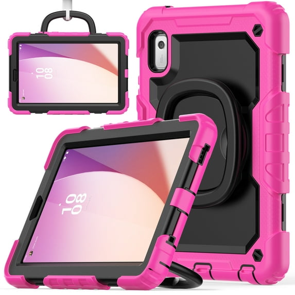 for Lenovo Tab M9 Case 9 Inch 2023 (TB-310FU/TB-310XU) with Pencil Holder + Built-in Kickstand + 360° Rotating Handle + Screen Protector, 3 Layer Hybrid Shockproof Rugged Heavy Duty Case, Black+Rose