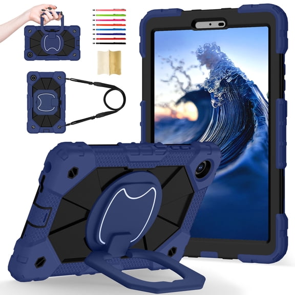 for Lenovo Tab One/Tab K9 2025 (TB-305FU) 8.7 Inch with Pencil Holder/360° Rotating Kickstand/Grip Handle/Shoulder Strap Kids Girls Heavy Duty Protective 3-Layers Cover, Darkblue+Black
