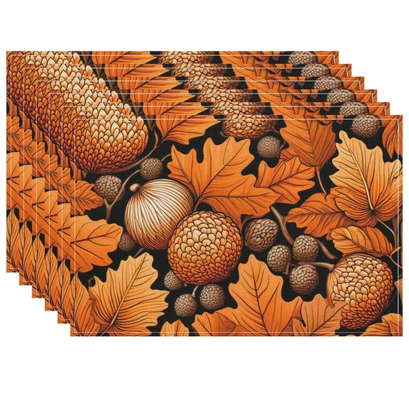 Fall Placemats for Dining Table Restaurant Office Decoration, Doodle Seamless Pattern Heat-Resistant Placemat Acorns Autumn Leaves Placemats Pack Of 6 17.7x13inch