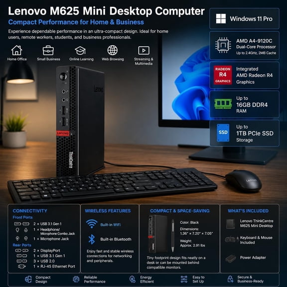 Lenovo ThinkCentre Micro Desktop Mini PC, 16GB RAM, 512GB PCIe SSDDrive, AMD Processor & Graphics, Dual-Display Support, Wi-Fi 6, Bluetooth, USB, RJ-45, Home-Friendly, Business-Grade, Windows 11 Pro