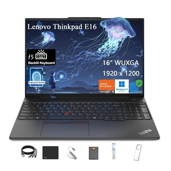 Lenovo ThinkPad E16 16" WUXGA Business Laptop, AMD Ryzen 5 7530U (Beat i7-1165G7), Up to 4.5GHz, 16GB RAM, 512GB PCIe SSD, Fingerprint, HDMI, RJ-45, Wi-Fi 6, Windows 11 Pro, Black, with 5ave Kit