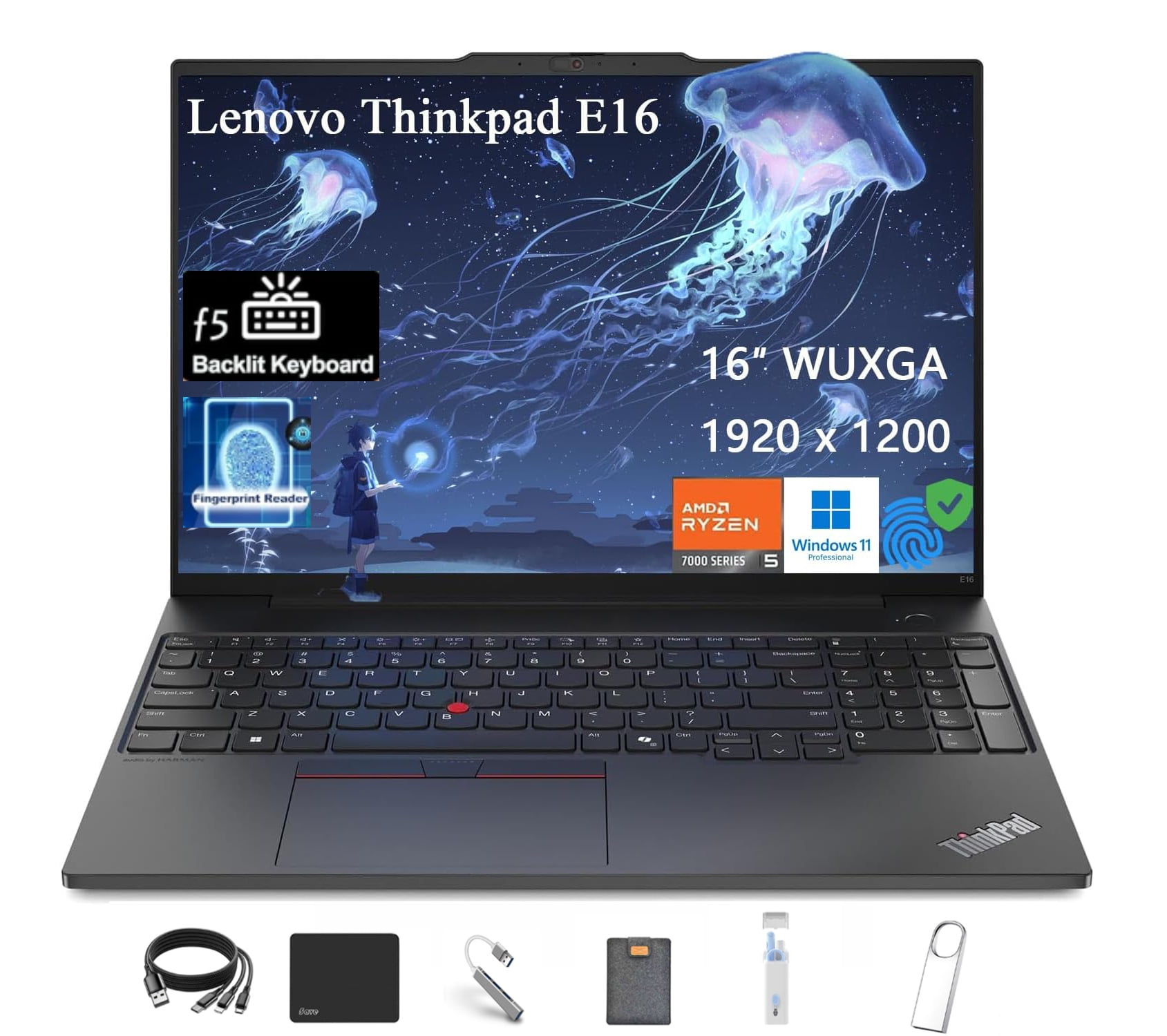 Lenovo ThinkPad E16 16" WUXGA Business Laptop, AMD Ryzen 5 7530U (Beat i7-1165G7), Up to 4.5GHz, 40GB RAM, 2TB PCIe SSD, Fingerprint, HDMI, RJ-45, Wi-Fi 6, Windows 11 Pro, Black, with 5ave Kit