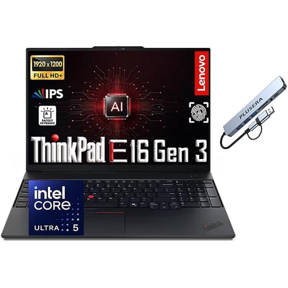 Lenovo ThinkPad E16 Gen 3 16" WUXGA Business Laptop, Windows 11 Pro 16GB RAM DDR5 512GB PCIe SSD, Intel Core Ultra 5 225U Processor, Fingerprint Reader, Backlit KB, RJ-45, PLUSERA 8-in-1 Hub, Black