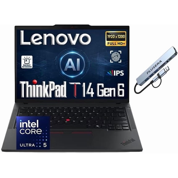 Lenovo ThinkPad T14 Gen 6 Premium Business Laptop, 14" FHD+ IPS Display, Intel Core Ultra 5 226V, 16GB RAM DDR5 256GB SSD, Win 11 Pro, FP Reader, Backlit KB, RJ-45, PLUSERA 8-in-1 Hub, Black