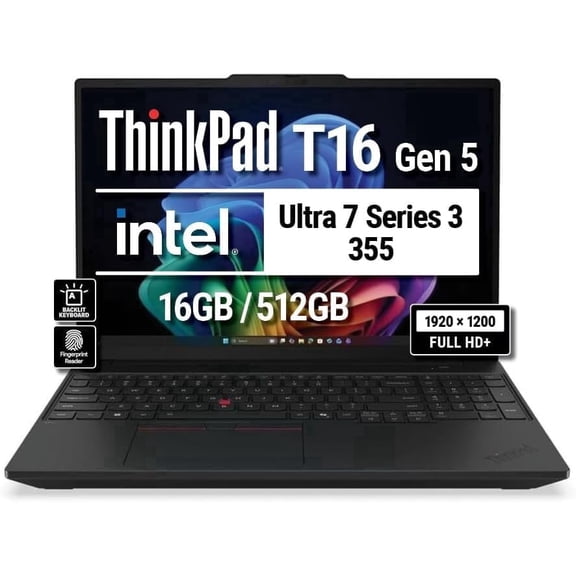 Lenovo ThinkPad T16 Gen 5 AI 16" Laptop, Intel Ultra 7 Series 3 355, 16GB, 512 GB, Backlit Keyboard, Windows 11 Pro
