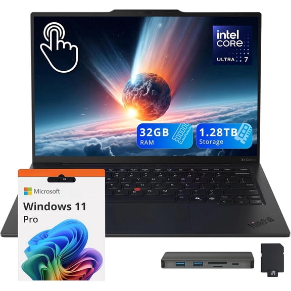 Lenovo ThinkPad X1 Carbon Gen 13 Touchscreen Laptop, 14" WUXGA Display, Intel Core Ultra 7 255U, 32GB LPDDR5X, 1.28TB Storage(1TB SSD+288GB Docking), Backlit Keyboard, Fingerprint, Win 11 Pro, Black