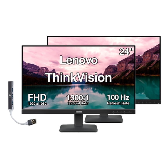 Lenovo ThinkVision 24" FHD IPS Monitor with 4ms Response Time, 100 Hz Refresh rate, Anti-Glare, Flicker Free, VESA Mount (100mm), HDMI & Dockztorm USB Port Expander, Black 2 Pack