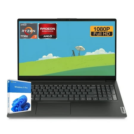 Lenovo V-Series V15 Business Laptop, 15.6" FHD Display, AMD Ryzen 7 7730U, 8GB RAM, 512GB SSD, Numeric Keypad, HDMI, RJ45, Webcam, Wi-Fi, Windows 11 Pro, Black